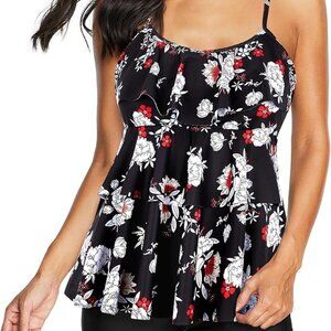 Floral Tiered Black & Red Women's Swim Tankini Top